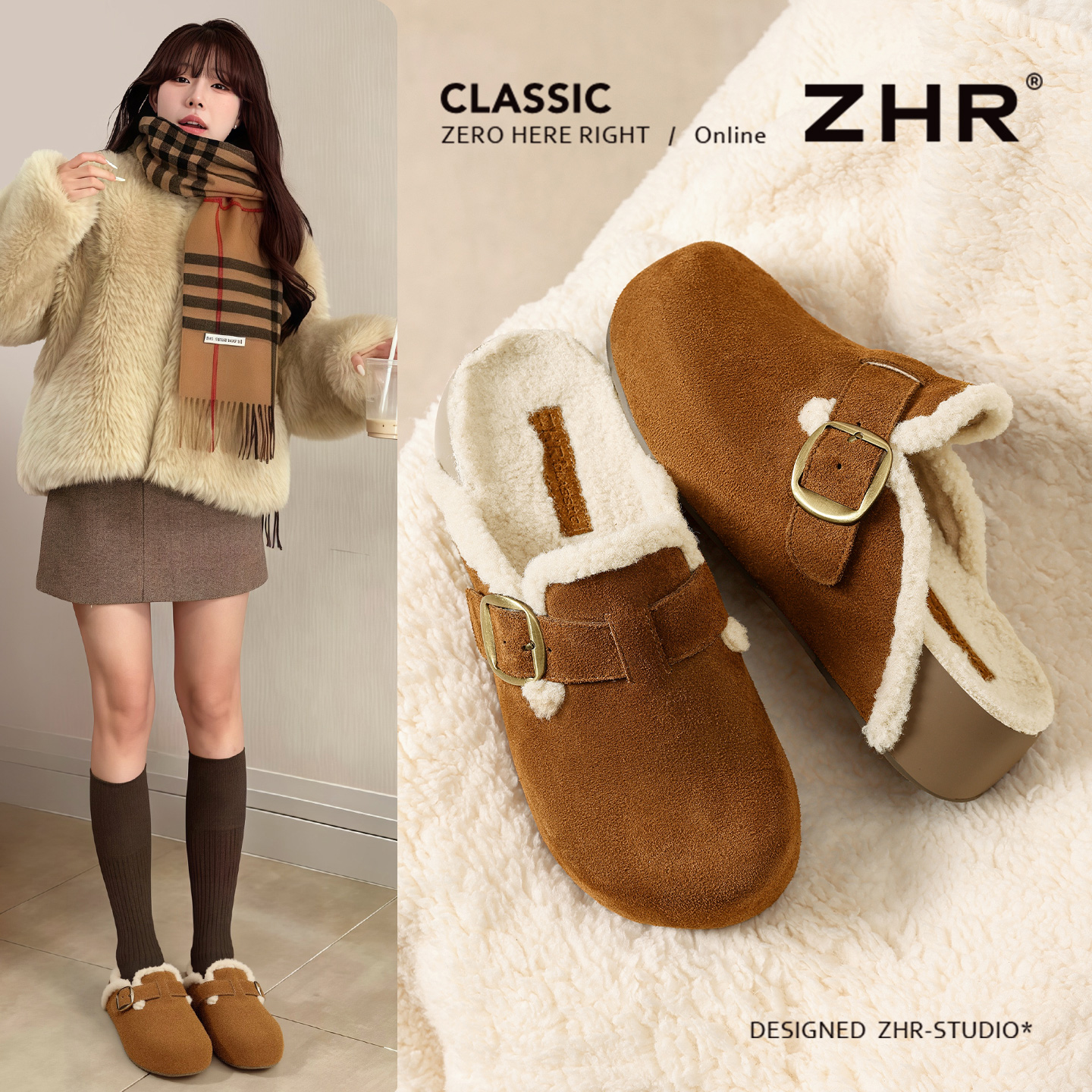 ZHR赵昭仪同款真皮勃肯鞋女2025新款秋冬加绒保暖一脚蹬懒人鞋子主图
