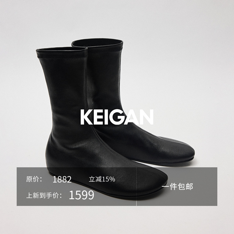 开间/时髦精B入 埃塞俄比亚进口弹力羊皮 極简佰搭平底中筒袜靴主图