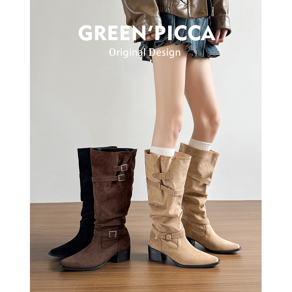 真皮~复古皮带扣粗跟长筒靴女2025新款显瘦骑士靴尖头褶皱堆堆靴主图