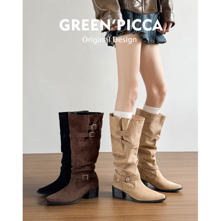 真皮~复古皮带扣粗跟长筒靴女2025新款显瘦骑士靴尖头褶皱堆堆靴