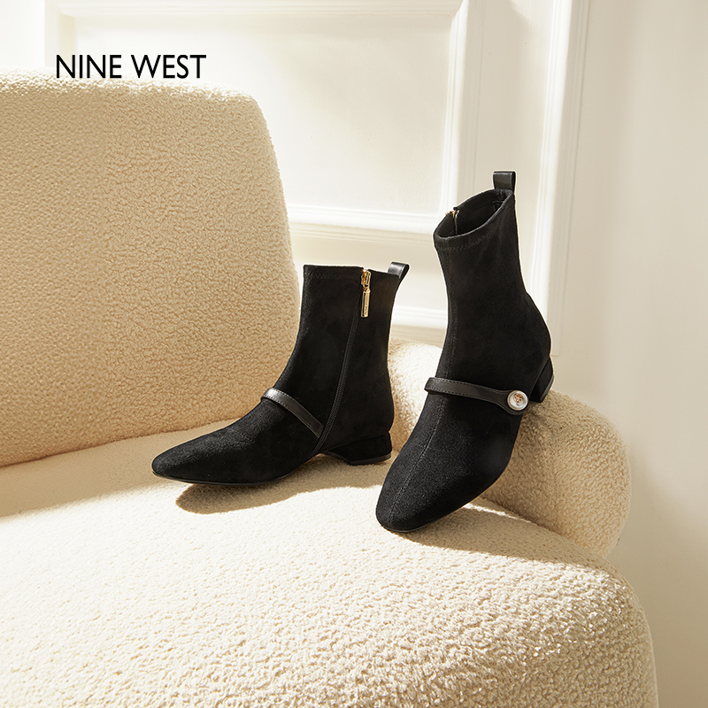 【大乐挖到宝啦】Nine West/玖熙百搭短靴女秋靴子珍珠弹力瘦瘦靴主图