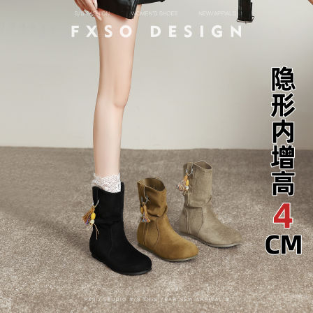 真皮版【方巷大叔】内增高平底靴子短靴女新款复古西部堆堆靴女