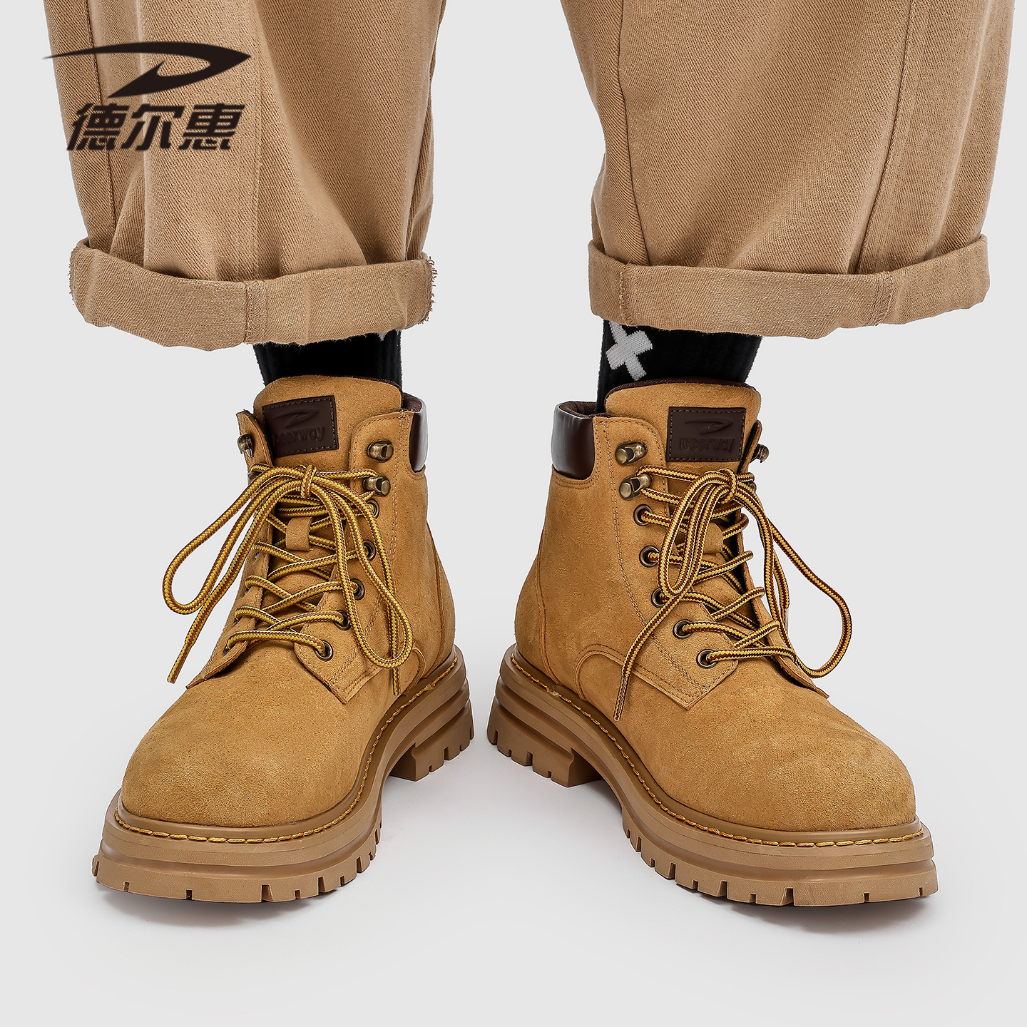 德尔惠情侣款男款2025秋季新款男款厚底增高百搭马丁靴工装大黄靴主图