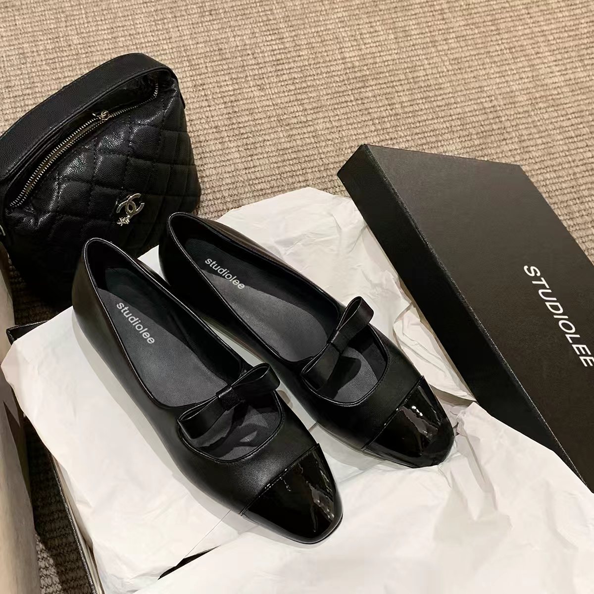 葡萄妈studiolee  经典拼色小香风蝴蝶结通勤百搭方头玛丽珍单鞋主图