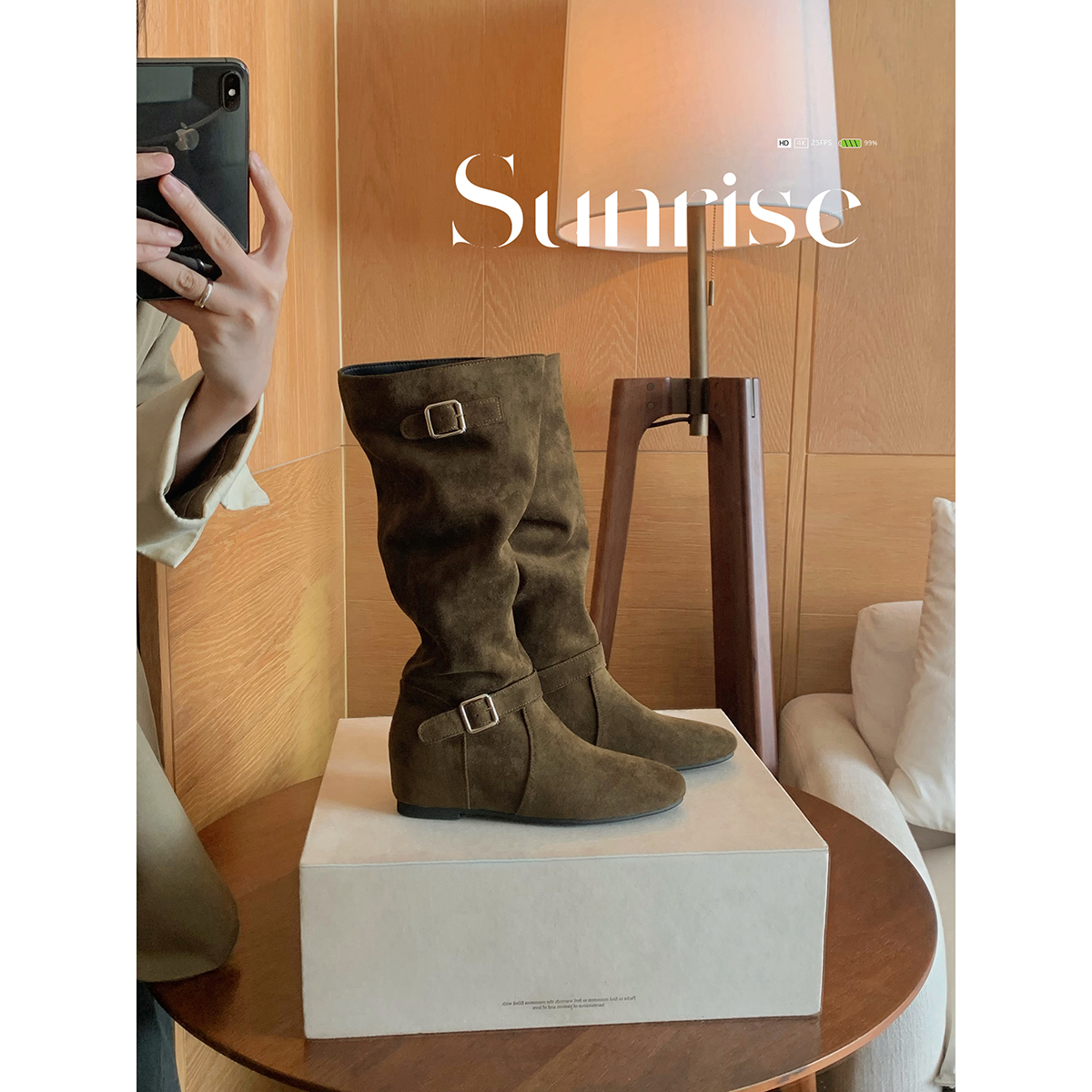 葡萄妈studiolee增高5cm韩系加绒堆堆长筒靴宽筒平底中筒靴女秋冬主图