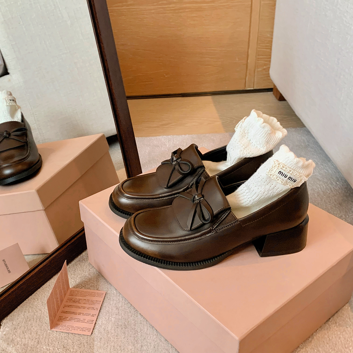 葡萄妈studiolee 增高5cm~ 翻盖蝴蝶结懒人粗跟厚底乐福小皮鞋女主图