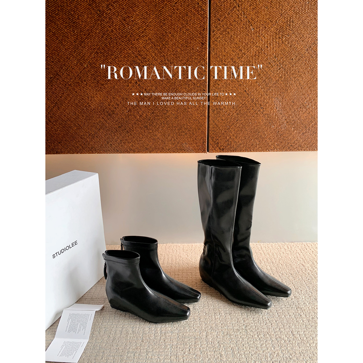 葡萄妈studiolee 两种筒高~ 5cm内增高极简小方头后拉链瘦瘦靴主图