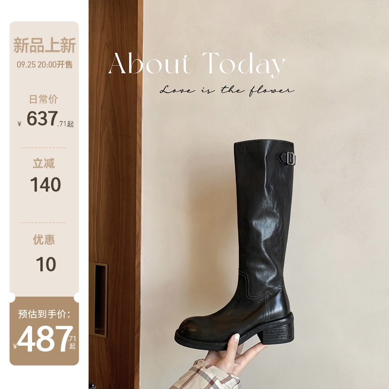 【苏茵茵】心机扣子靴~水洗马皮侧拉链5cm粗跟中高筒长靴女骑士靴主图