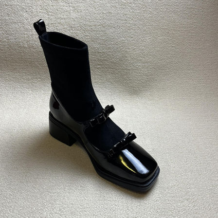 牛皮版~甜酷蝴蝶结漆皮弹力瘦瘦靴女方头显瘦粗跟黑色真皮袜子靴