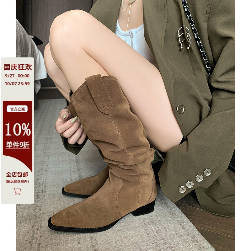 戈森定制尖头堆堆靴女复古显瘦v口靴子骑士长筒靴粗跟西部牛仔靴主图