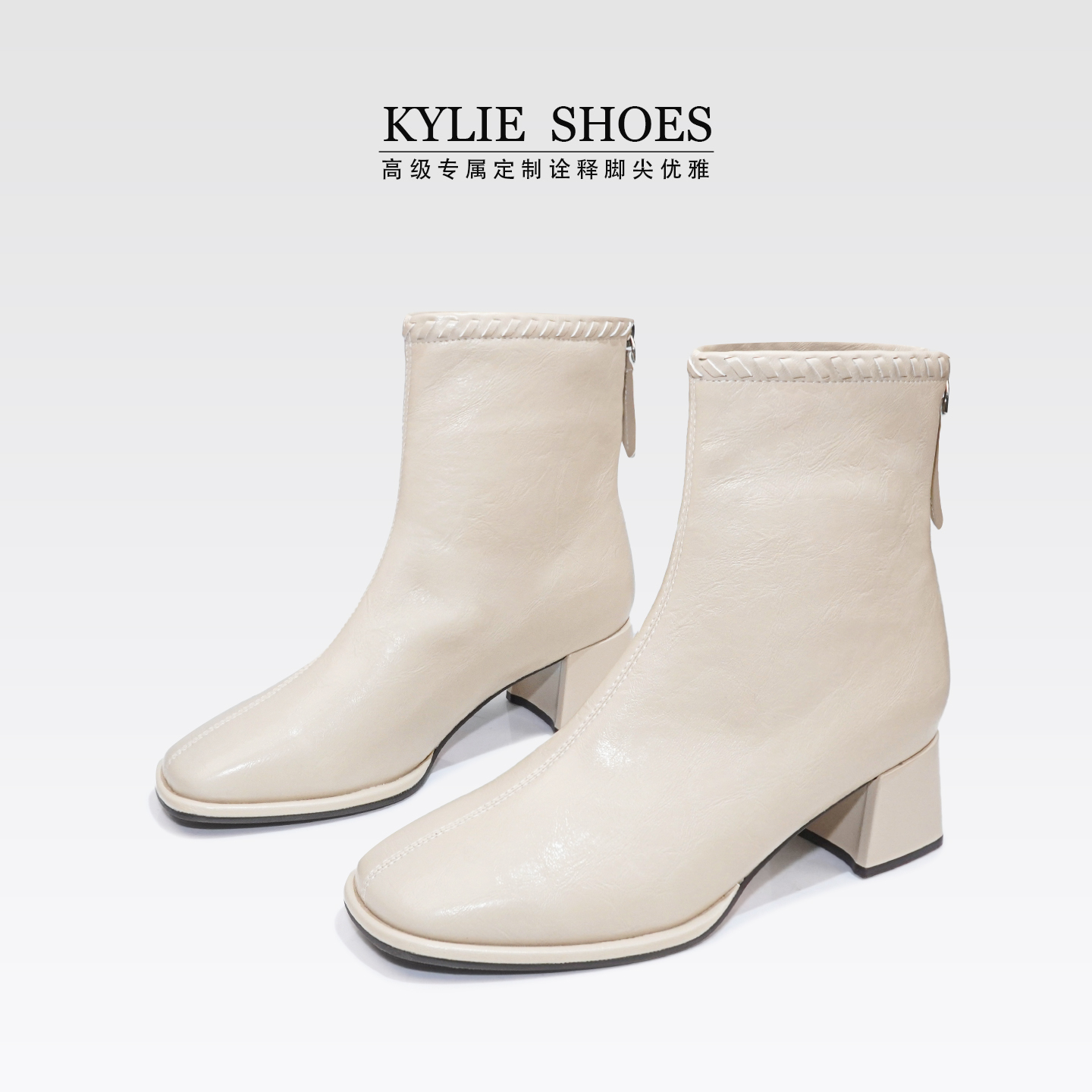 方头短靴粗跟瘦瘦靴时装靴真皮时尚百搭通勤休闲主图