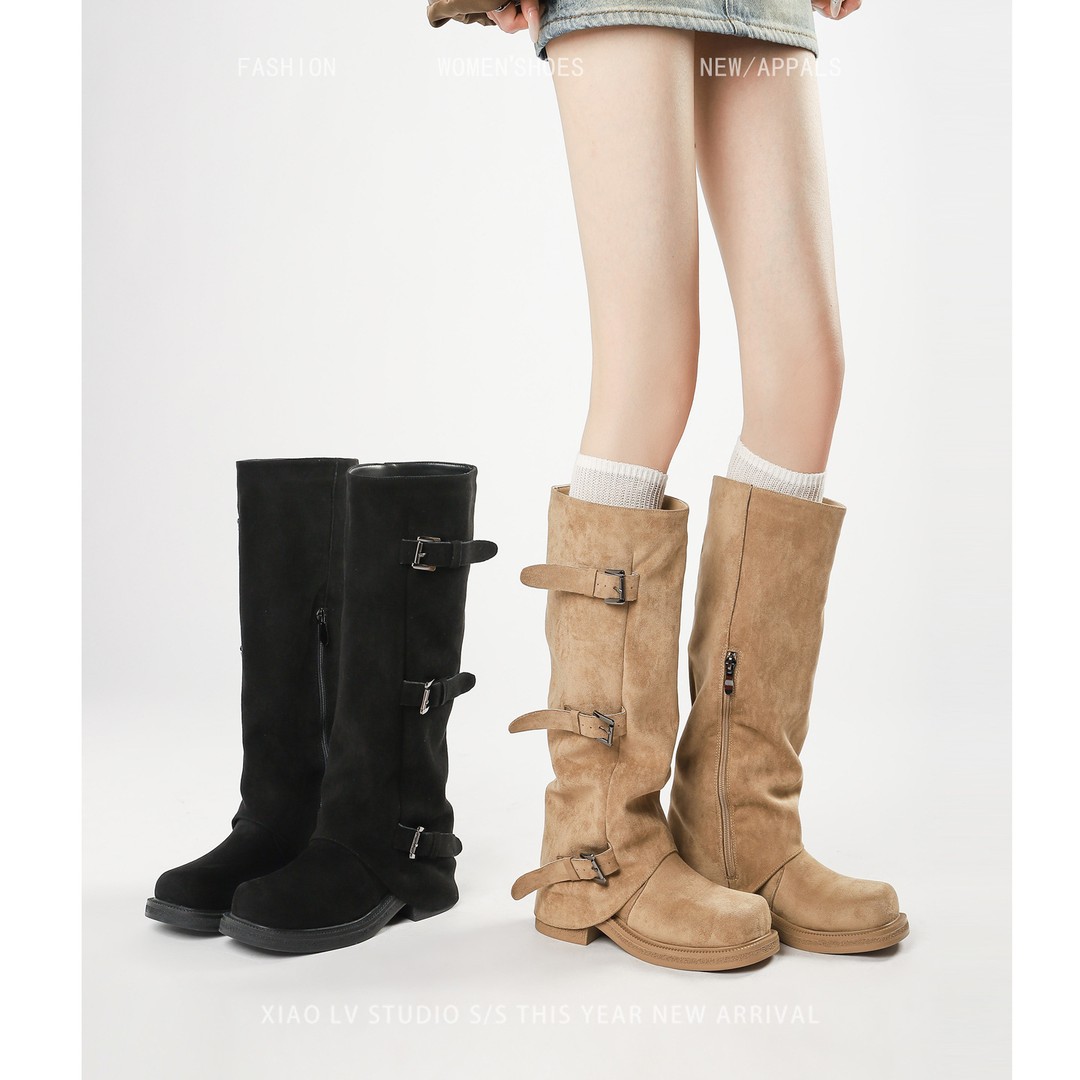 美拉德裤管靴女秋大筒围骑士靴子女大码胖mm长筒靴粗腿高筒堆堆靴主图