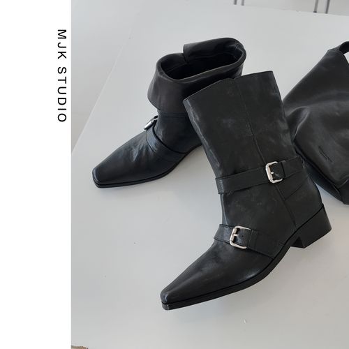 【全手工】小众设计两穿可折叠水洗马皮25秋冬新款骑士靴尖头中筒靴主图