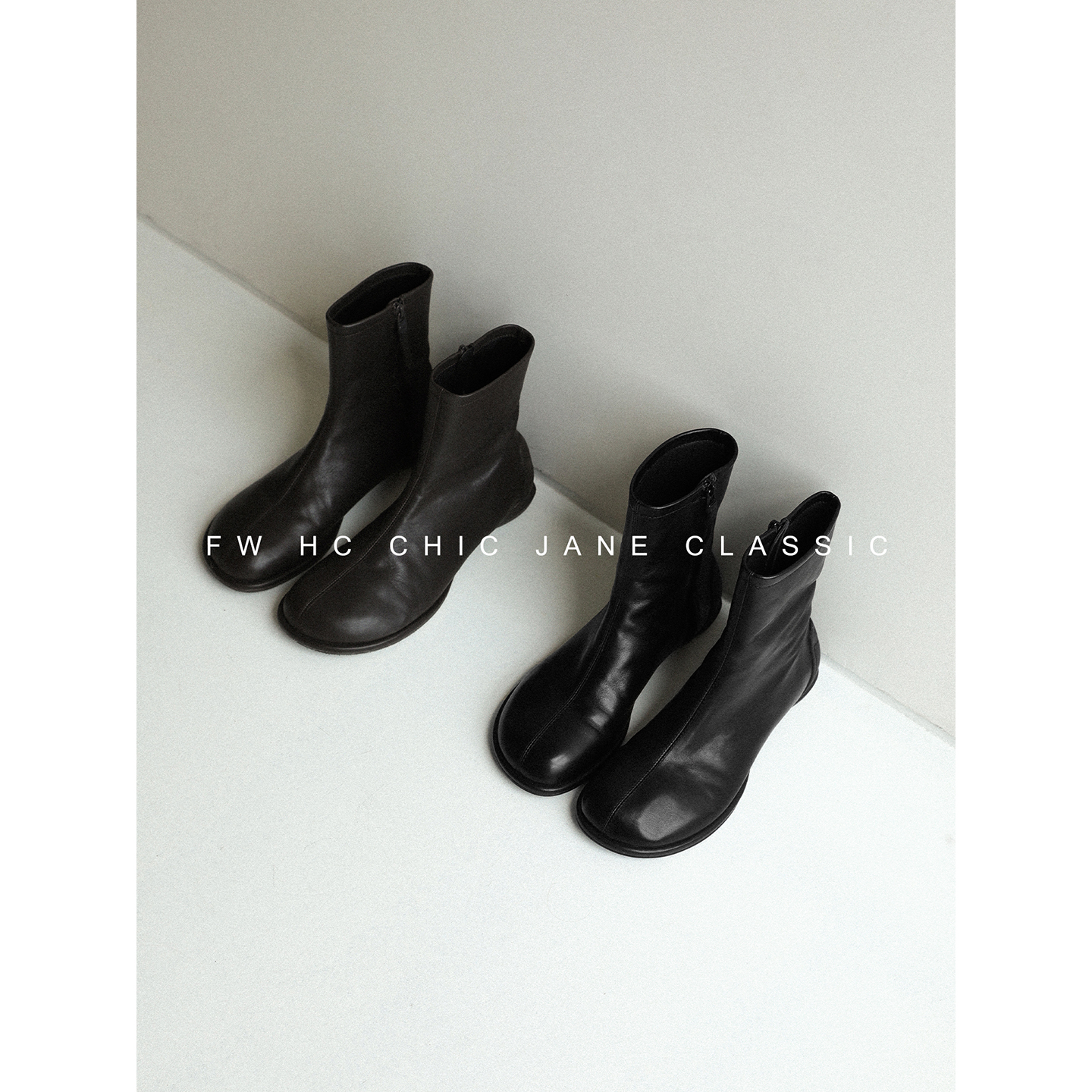 CHICJANE池简/ROW风瘦瘦靴 头层小牛皮 佰搭巨舒适真皮椭圆头短靴主图