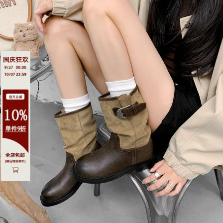 戈森定制靴子短靴女2025新款圆头粗跟棕色骑士靴皮带扣褶皱堆堆靴