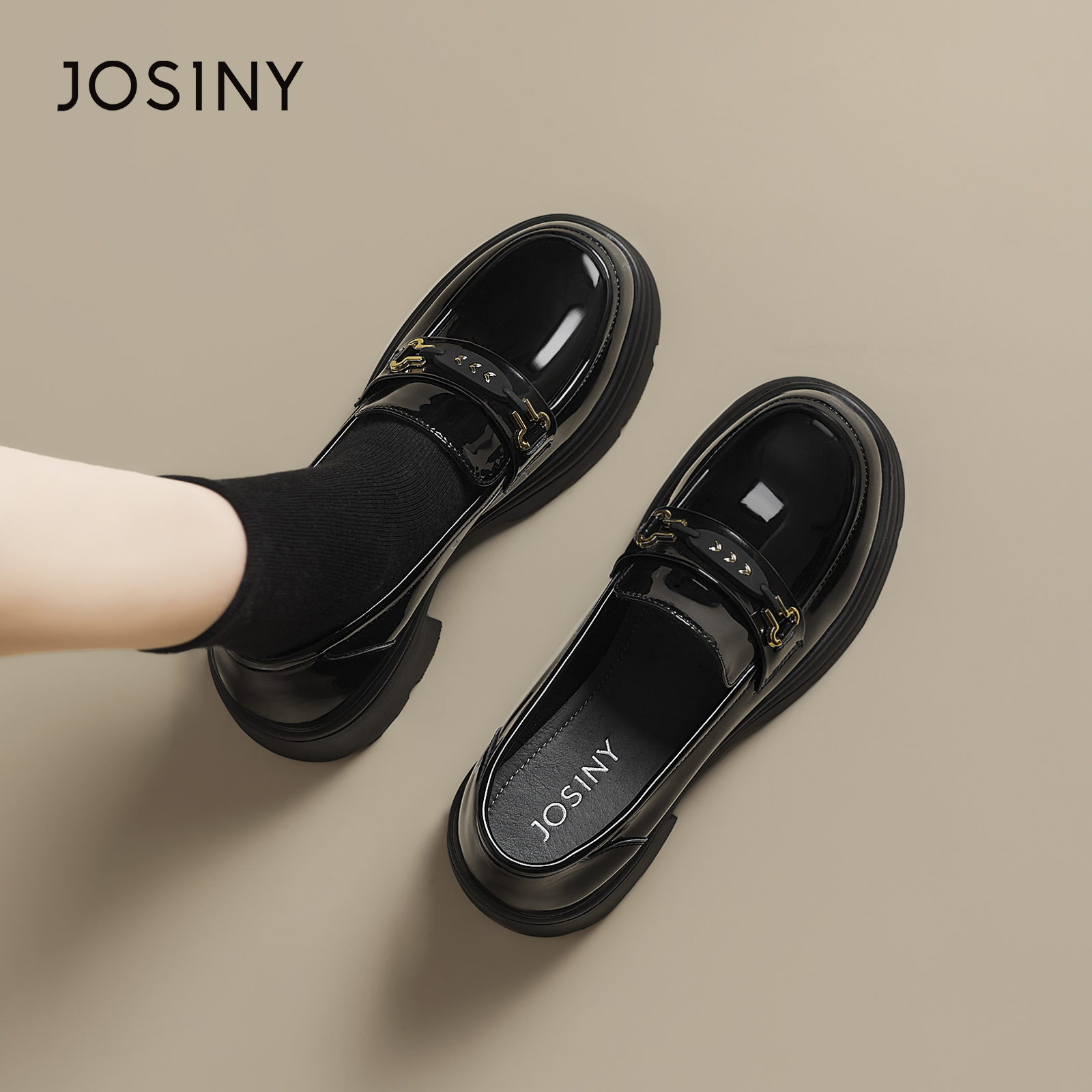 卓诗尼乐福鞋女2025秋季新款复古单鞋松糕厚底女鞋英伦风小皮鞋子主图