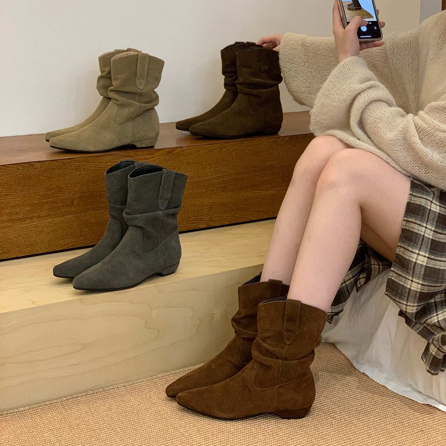 牛皮版！复古低跟尖头西部牛仔堆堆靴女秋冬新款马丁靴百搭瘦瘦靴主图