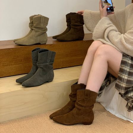 牛皮版！复古低跟尖头西部牛仔堆堆靴女秋冬新款马丁靴百搭瘦瘦靴