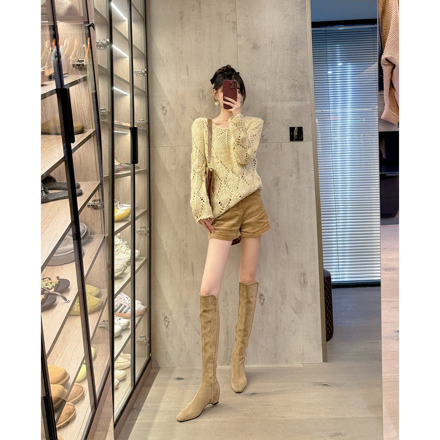 混凝草卡其色长筒骑士靴女秋冬季显瘦内增高齐膝长靴子平底弹力靴主图