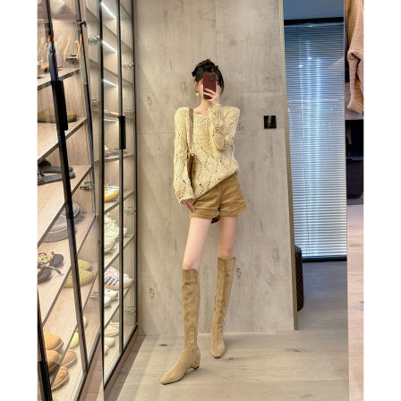 混凝草卡其色长筒骑士靴女秋冬季显瘦内增高齐膝长靴子平底弹力靴