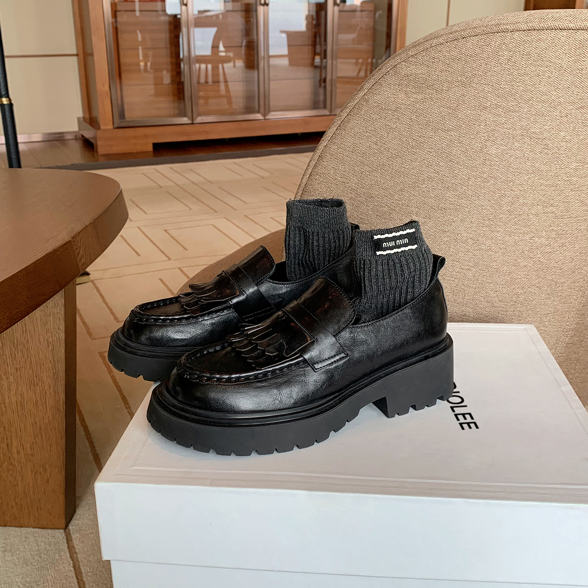 葡萄妈studiolee 增高5.5cm~  植鞣手抓牛皮双层流苏厚底粗跟皮鞋主图