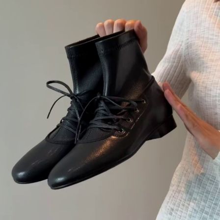 羊皮版~复古圆头平底显瘦马丁靴2025新款百搭系带弹力瘦瘦靴短靴