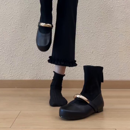 羊皮版~时尚方头气质轻奢小众设计百搭一字带设计袜靴显瘦时装靴
