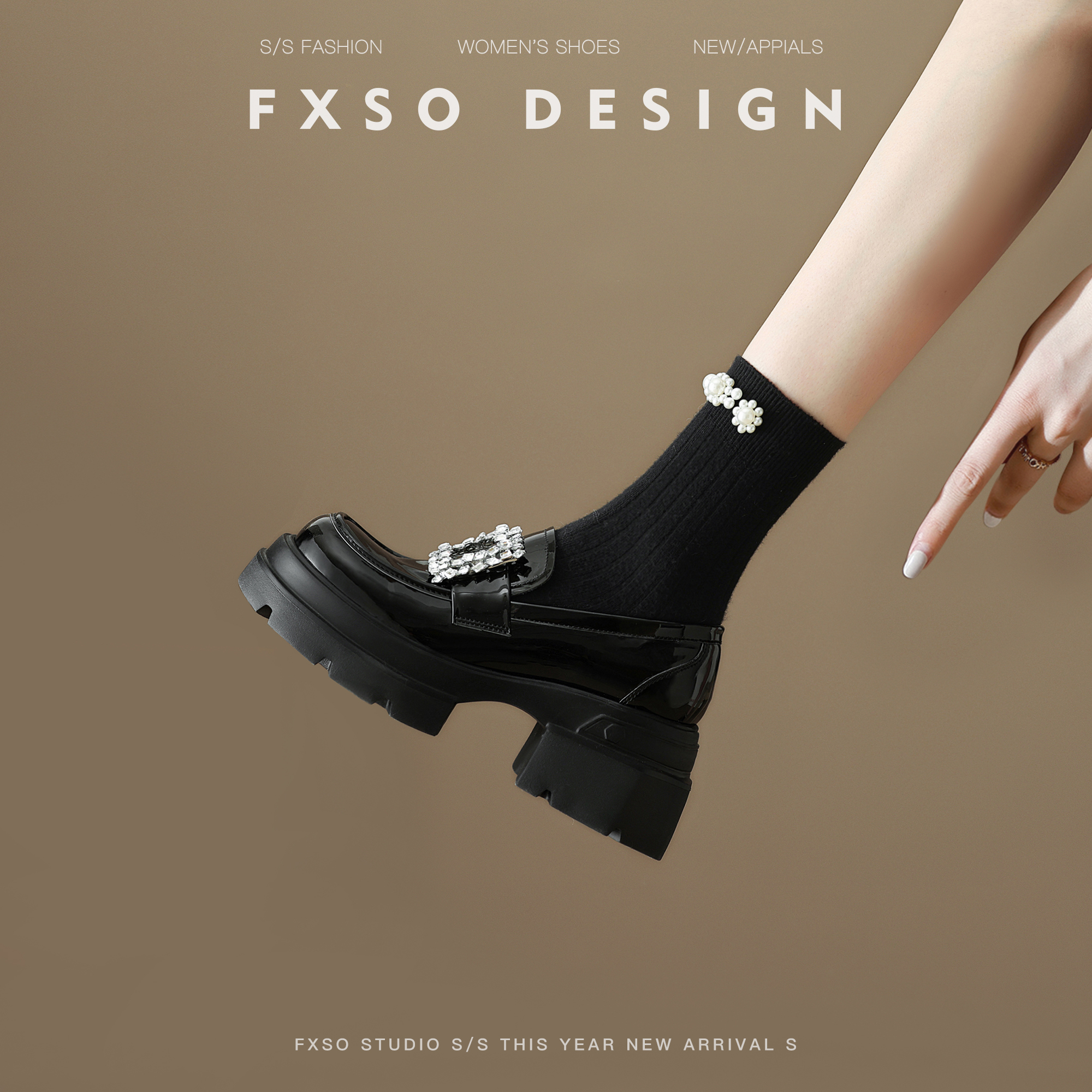 FXSO方巷大叔真皮厚底乐福鞋女2025秋季新款水钻方扣粗跟小皮鞋子主图