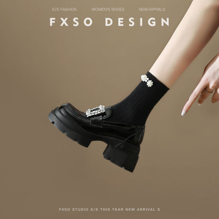 FXSO方巷大叔真皮厚底乐福鞋女2025秋季新款水钻方扣粗跟小皮鞋子