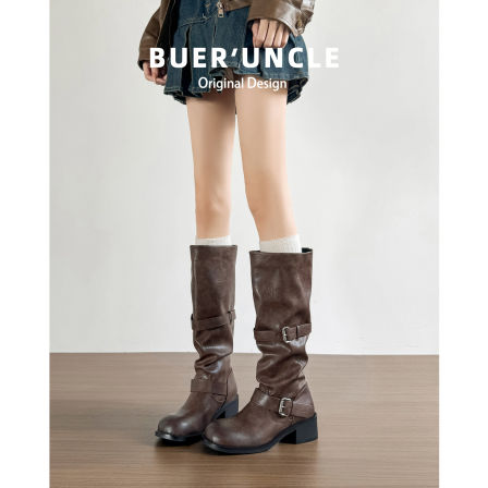 真皮版！长靴女秋冬季褶皱堆堆靴皮带扣美拉德粗跟棕色骑士长筒靴