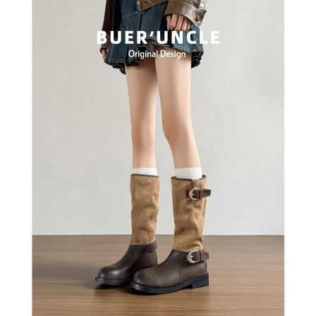 羊皮版！长筒靴女2025新款秋冬季粗跟中筒靴褶皱堆堆高筒骑士长靴