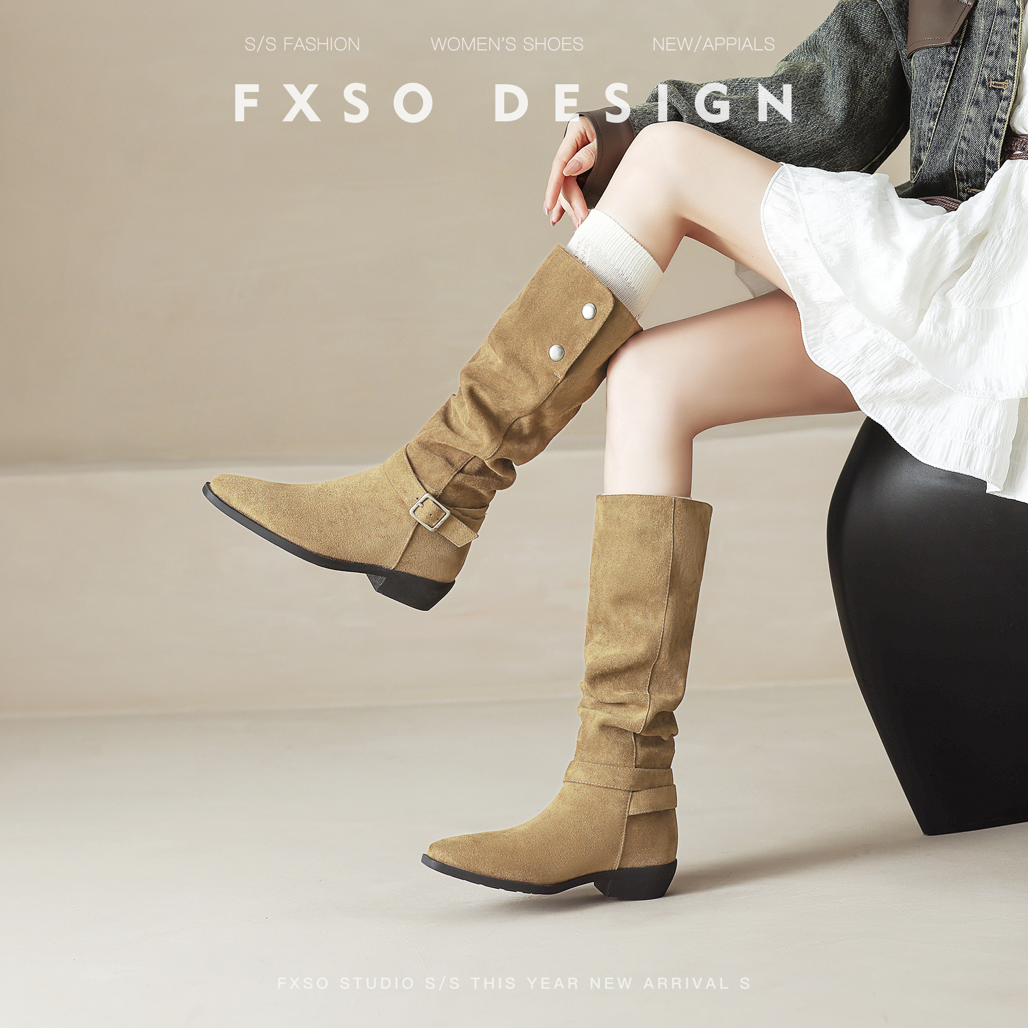 真皮方巷大叔2025秋新款高跟时装褶皱堆堆长靴女粗跟西部靴子主图