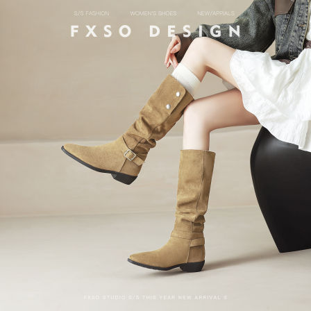 真皮方巷大叔2025秋新款高跟时装褶皱堆堆长靴女粗跟西部靴子