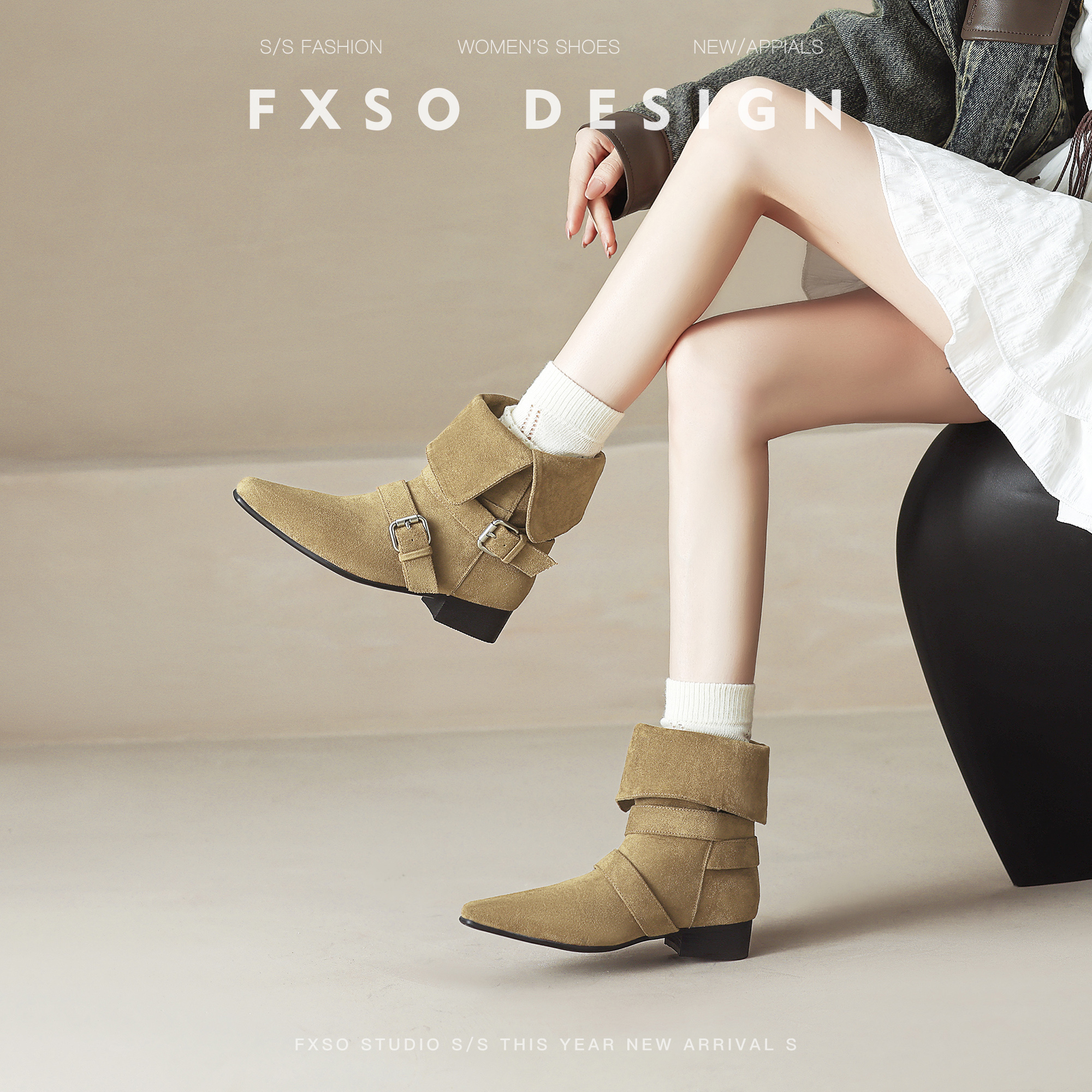 方巷大叔2025秋新款休闲时尚百搭时装靴女粗跟两穿真皮短筒靴子主图