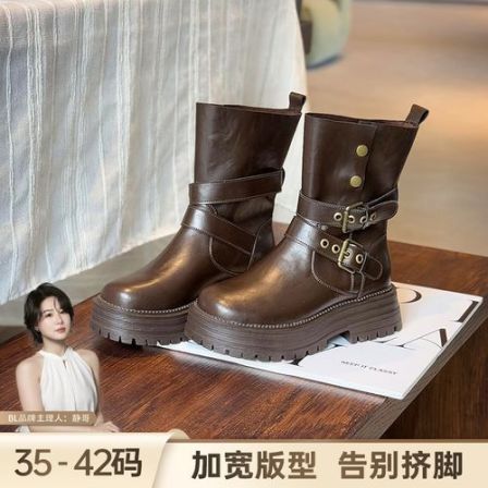 BL静哥加宽大码女鞋复古美拉德棕色2025新款厚底短靴马丁靴P55002