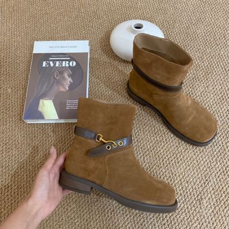 IMFLY金小金自制女装 短靴DYX358秋冬韩版高级感绒面低跟马丁靴