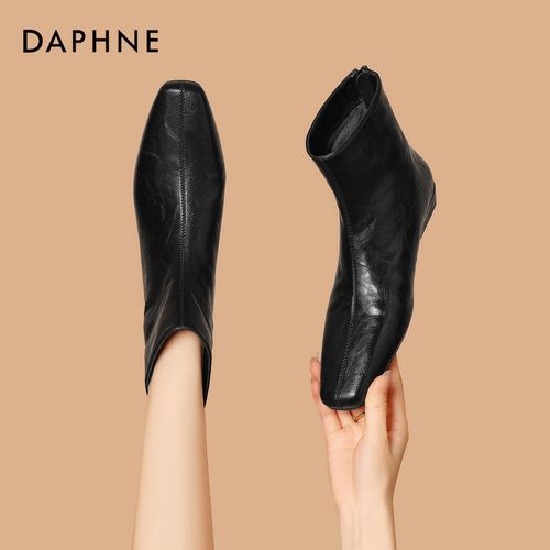 达芙妮新款秋冬法式方头靴子修面皮低跟软底舒适时尚百搭粗跟短靴主图
