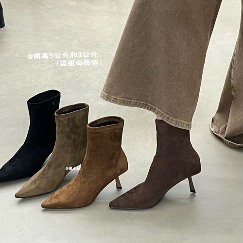 2025秋冬新款法式气质尖头绒面高跟短靴时尚百搭套筒弹力瘦瘦靴女主图