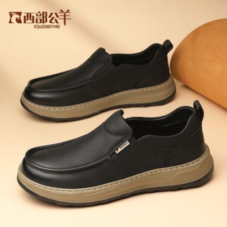 西部公羊牛皮男鞋真皮新款缝线皮鞋软底一脚蹬软底百搭加绒休闲鞋