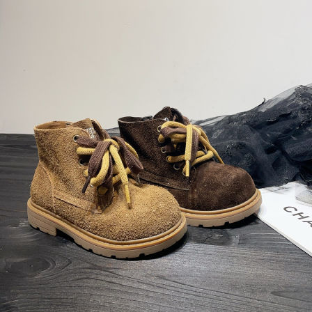 左左家秋冬新款中大童牛皮复古短靴男女童英伦风百搭大头马丁靴