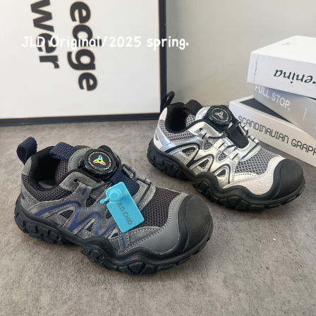 儿童鞋子春秋新款男童登山鞋旋转纽扣老爹鞋网面透气女童运动鞋潮