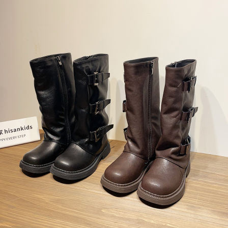 左左家女童秋冬新款高筒靴英伦风褶皱时装靴百搭软底儿童长筒靴