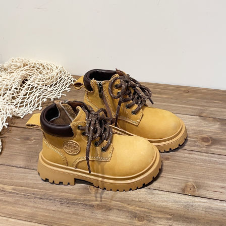 左左家新款男女童头层磨砂牛皮英伦风马丁靴大黄靴儿童百搭短靴秋