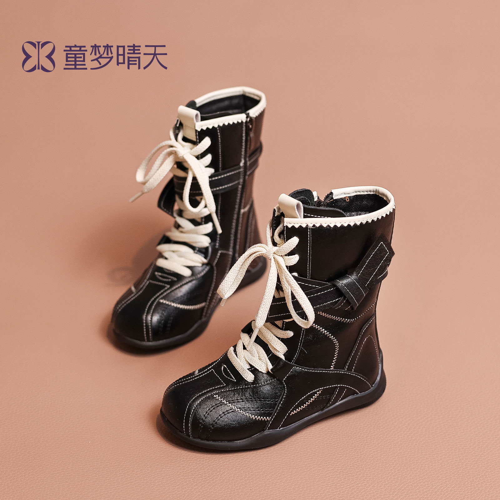 童梦晴天儿童靴子女童长筒靴2025新款秋季女宝拳击靴黑色中筒皮靴主图