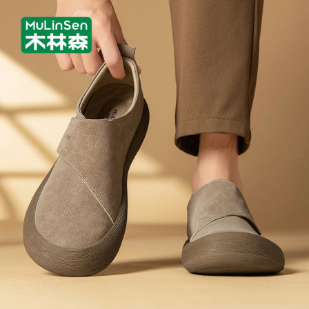 木林森复古勃肯鞋男秋冬一脚蹬软底软面魔术贴复古休闲豆豆皮鞋男