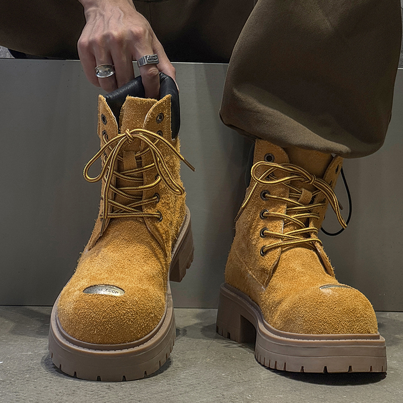 7cm厚底增高米奇大黄靴男秀场美式大头靴翻毛复古真皮机车马丁靴主图
