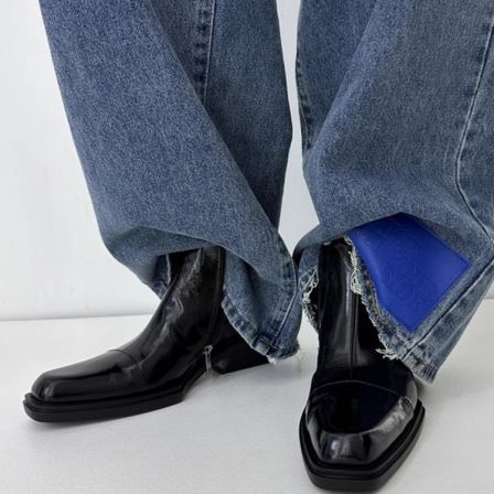 切尔西靴男尖头漆皮高帮拉链马丁靴英伦中筒厚底一脚蹬方头德比鞋