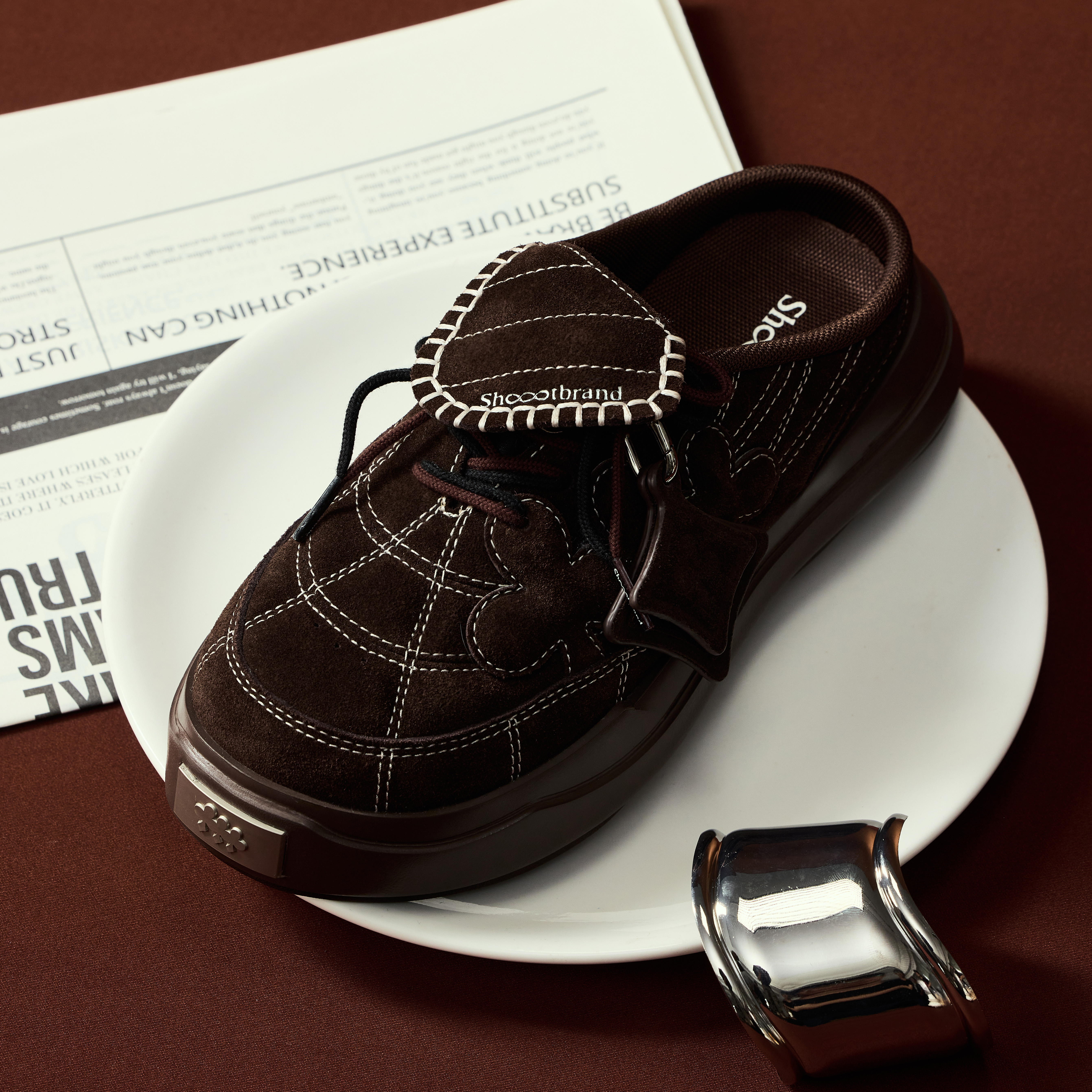 SHOOT BRAND重组系列棕色 牛绒面革一脚蹬厚底增高穆勒鞋勃肯鞋主图