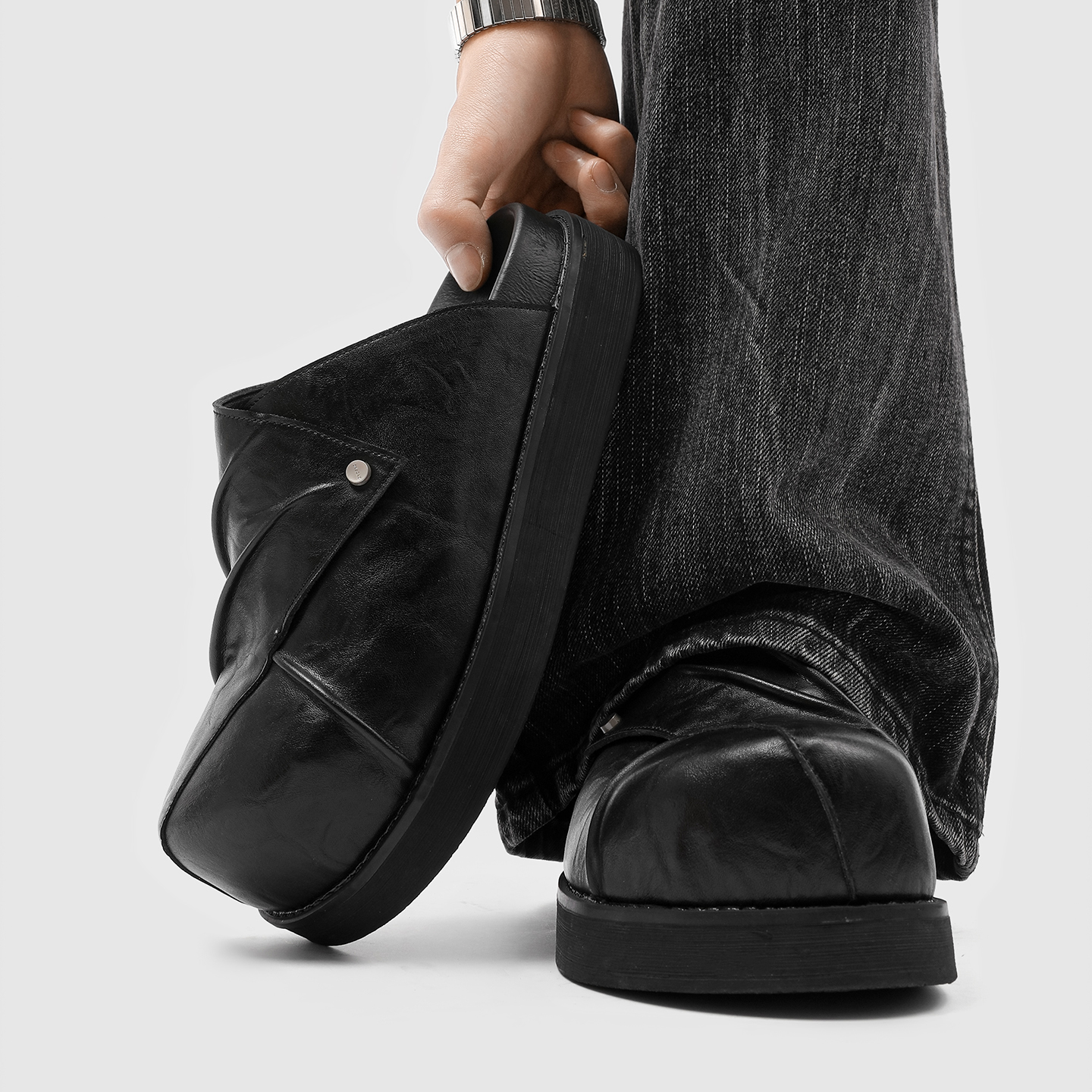 黑色厚底大头勃肯鞋男女懒人一脚蹬包头半拖鞋情侣增高德比穆勒鞋主图