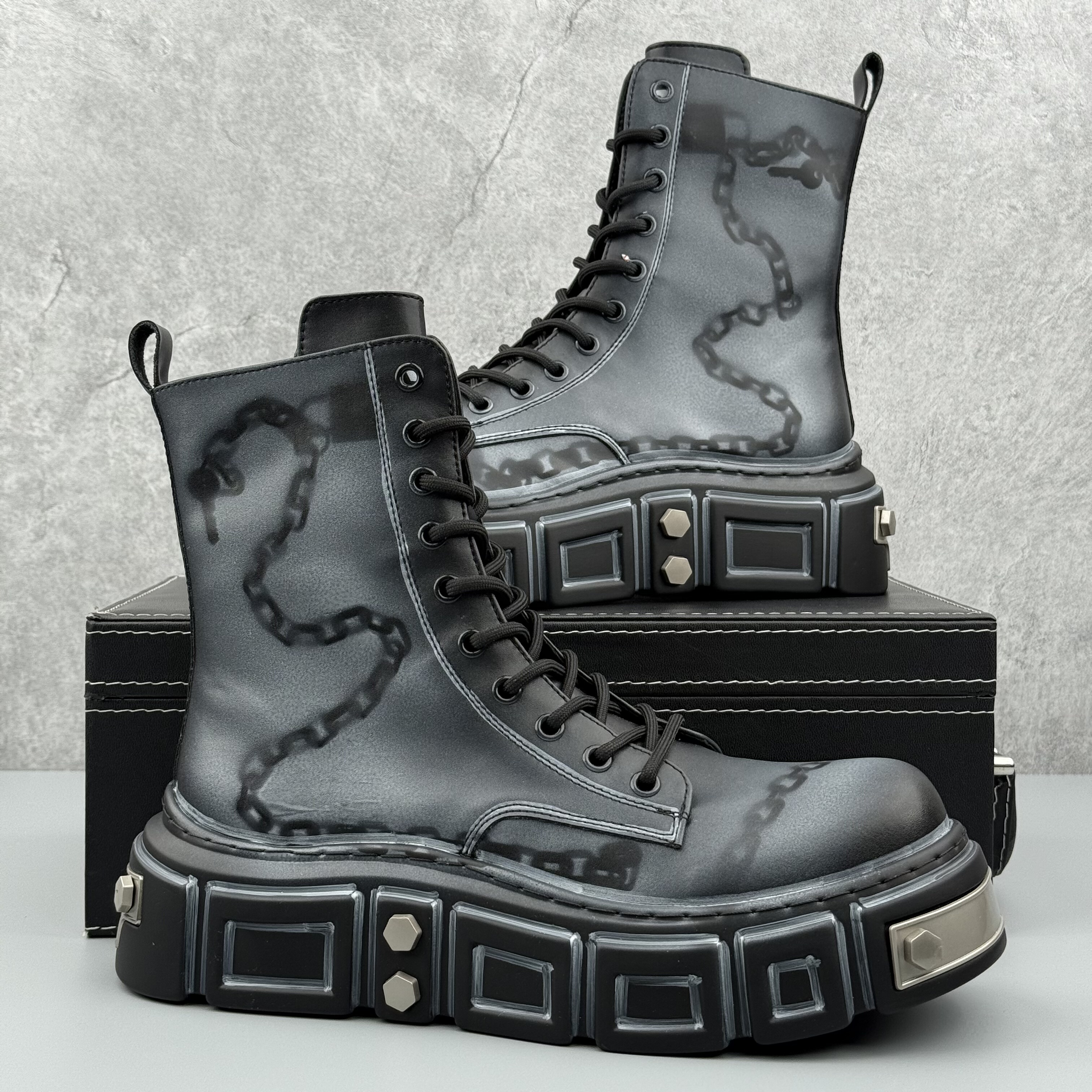 小众朋克风厚底马丁靴男秋冬内增高拉链机车靴工装涂鸦高帮鞋主图